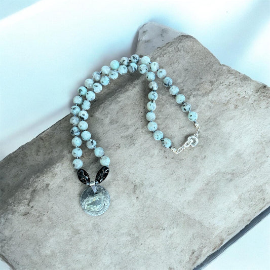 Artisan kiwi Jasper beaded necklace with bird pendant