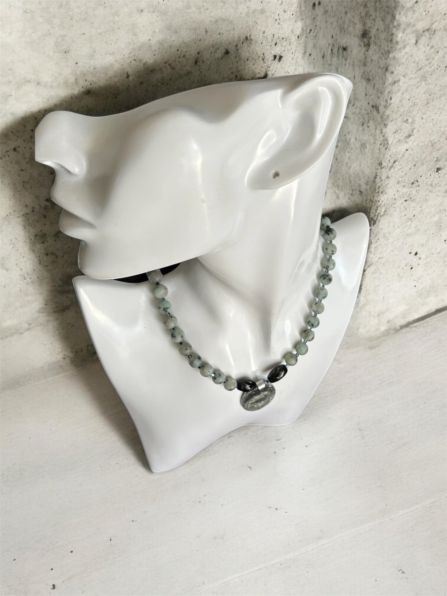 Artisan kiwi Jasper beaded necklace with bird pendant