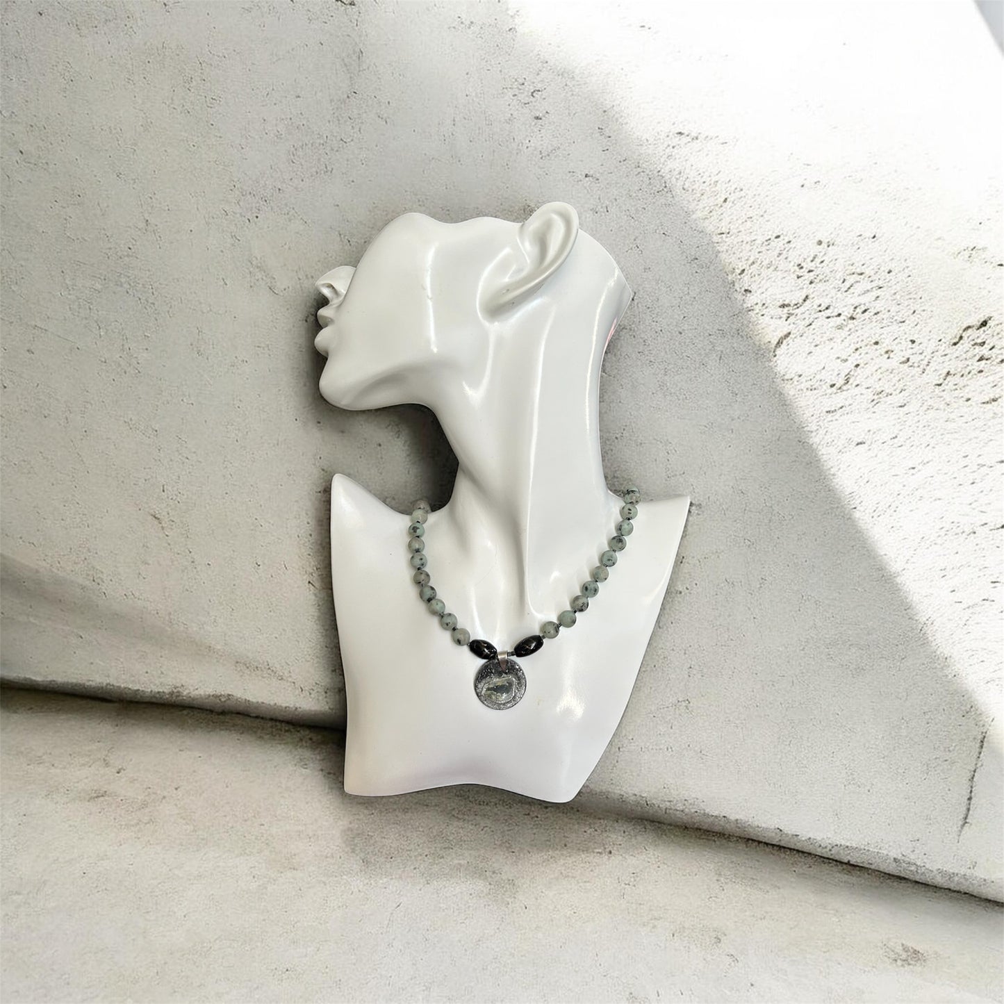Artisan kiwi Jasper beaded necklace with bird pendant